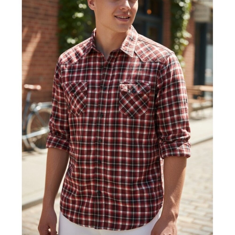 Express Mens Fitted Red Plaid Button-Down Shirt Size L